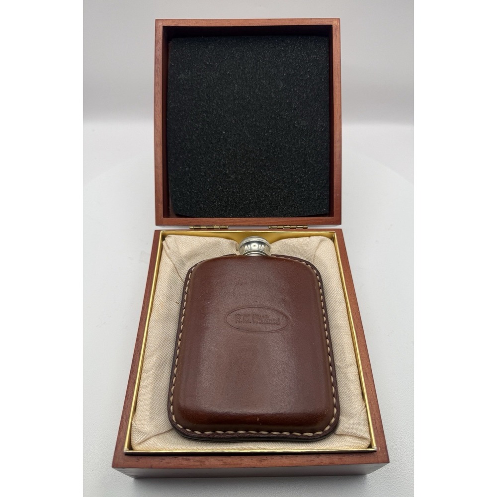 Vintage R.M Williams Leather Bound Flask With Funnel In Wooden Presentation Box